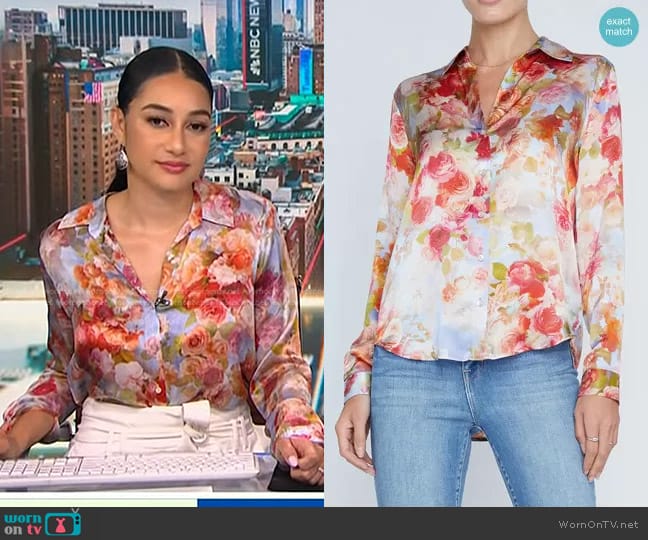 L'Agence Tyler Silk Shirt in Pink Multi Soft Cloud Floral worn by Morgan Radford on NBC News Daily