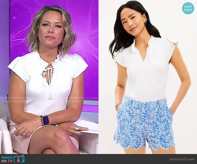 WornOnTV: Dylan’s white tie neck top and pale pink mini skirt on Today ...