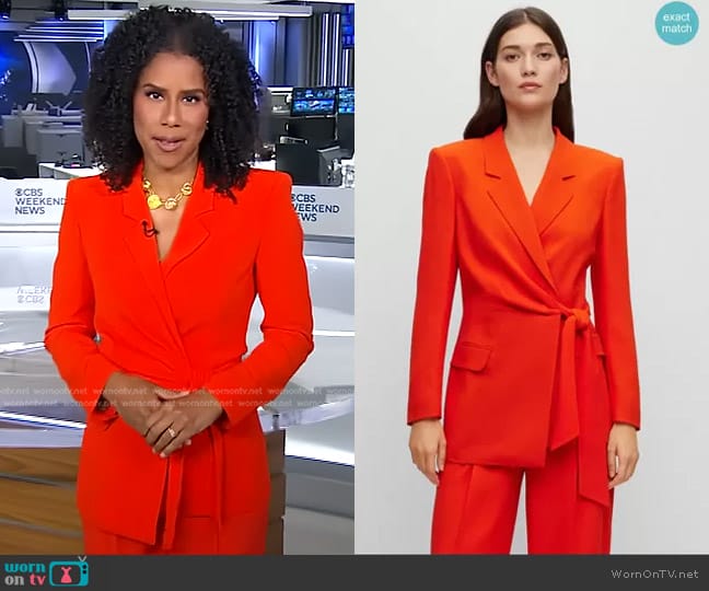 Boss Long-Length Jacket with Belted Waist worn by Adriana Diaz on CBS Evening News