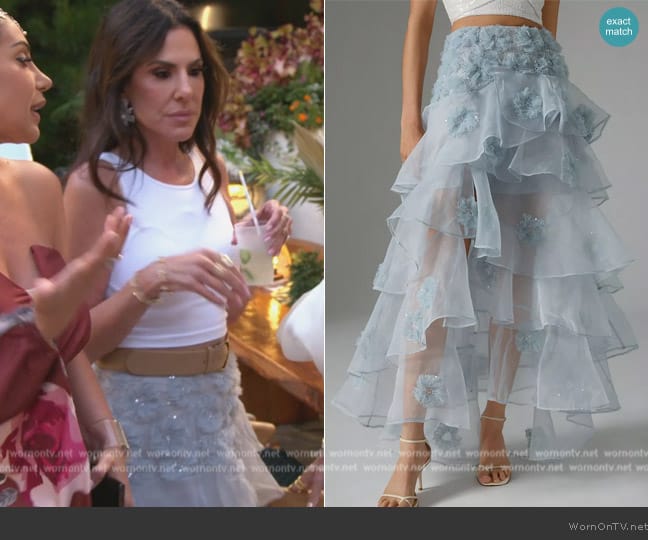 LoveShackFancy Grover Tiered Floral Appliqué Skirt worn by Jenn Fessler on The Real Housewives of New Jersey