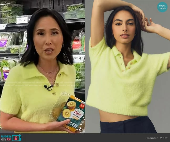 Maeve Eyelash Cropped Polo Sweater in Green worn by Vicky Nguyen on Today