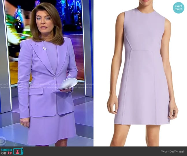 Michael Kors Collection Stretch Wool Blend Crepe Shift Dress in Freesia worn by Norah O'Donnell on CBS Evening News