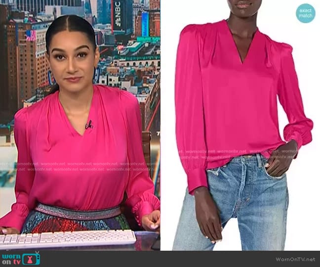 Milly Iris Stretch Silk Top in Shocking Pink worn by Morgan Radford on NBC News Daily