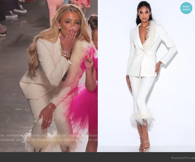 Miss Circle Yulia Cream White Suit Blazer With Feather Trim worn by  on The Real Housewives of New Jersey