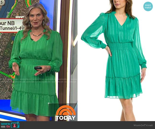 Nanette Lepore Stripe Long Sleeve Smocked Dress in Green worn by Emily West on Today