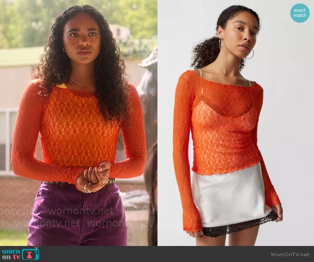 Out From Under at Urban Outfitters Libby Sheer Lace Long Sleeve Top worn by Tabitha 'Tabby' Hayworth (Chandler Kinney) on Pretty Little Liars Original Sin