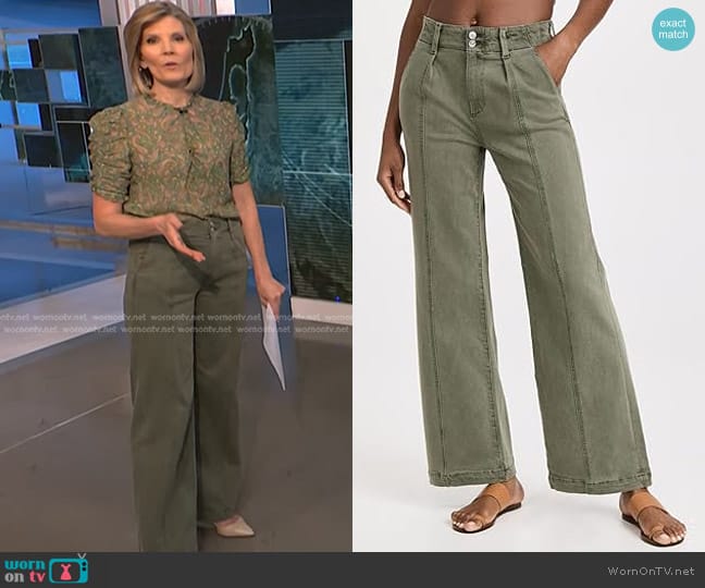 Paige Brooklyn Wide Leg Pants in Vintage Ivy Green worn by Kate Snow on NBC News Daily