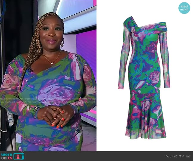 Prabal Gurung Vera Floral-printed Asymmetric Midi-dress in Green Cobalt Multi worn by Bevy Smith on Today