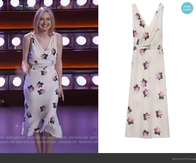 Prada Floral-print sable midi dress worn by Dakota Fanning on The Kelly Clarkson Show