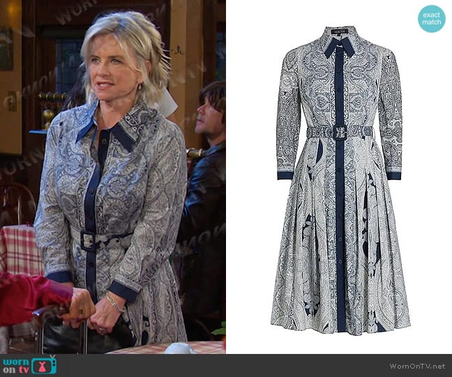 Rickie Freeman For Teri Jon Belted A-Line Dress in Navy Multi worn by Kayla Brady (Mary Beth Evans) on Days of our Lives