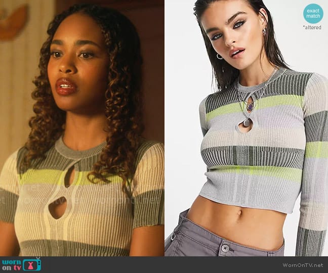 Reclaimed Vintage Pleated knitted top in stripe with cut out worn by Faran Bryant (Zaria) on Pretty Little Liars Original Sin