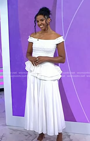 Renée Elise Goldsberry’s white smocked peplum top and skirt on Today