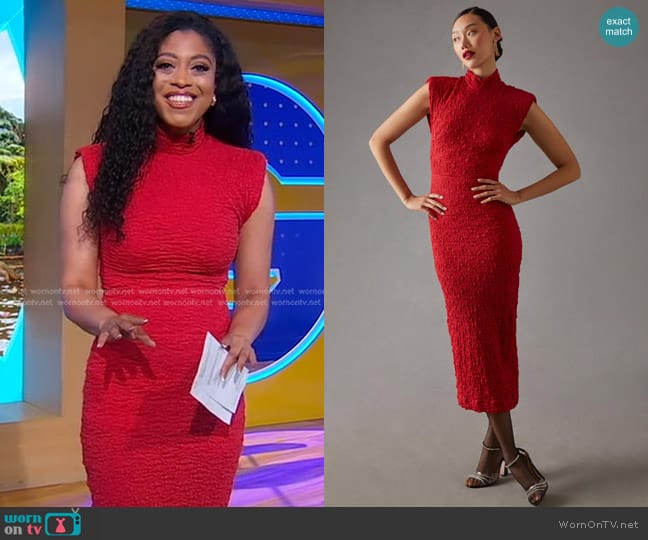 WornOnTV: Morgan’s red textured mock neck dress on Good Morning America ...