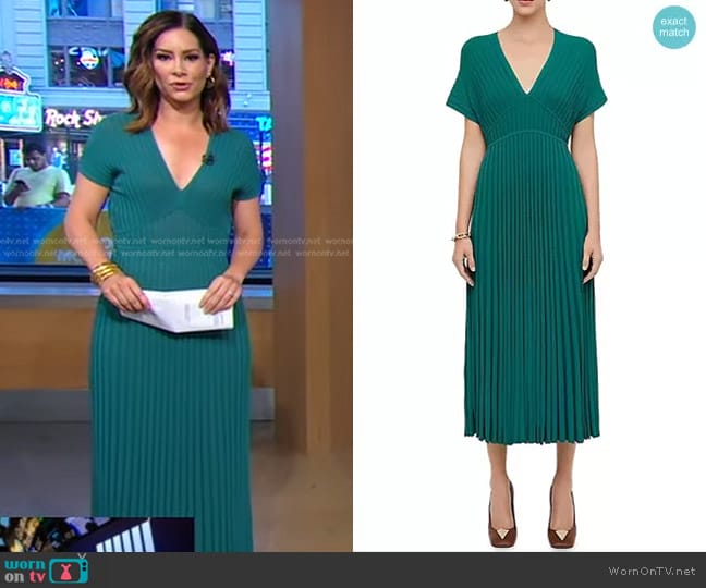 Scanlan Theodore Pleated Rib-Knit Midi-Dress in Emerald worn by Rebecca Jarvis on Good Morning America