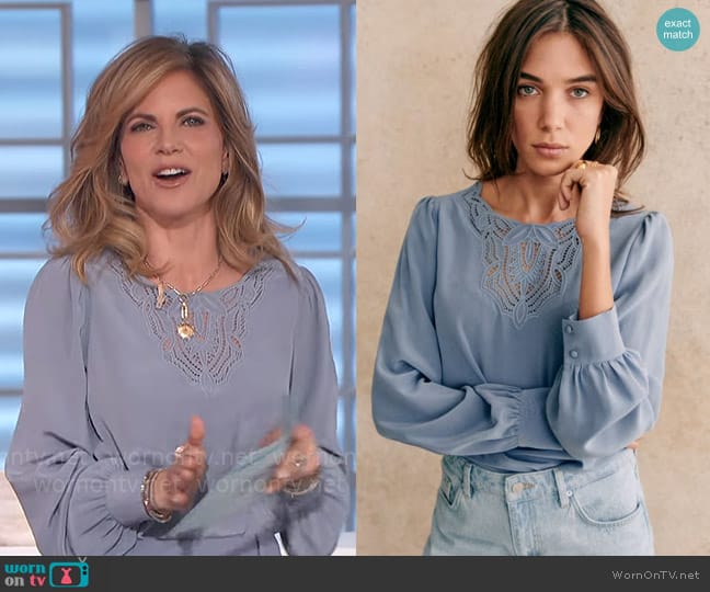 Sezane Carlotta Blouse in Ice Blue worn by Natalie Morales on The Talk