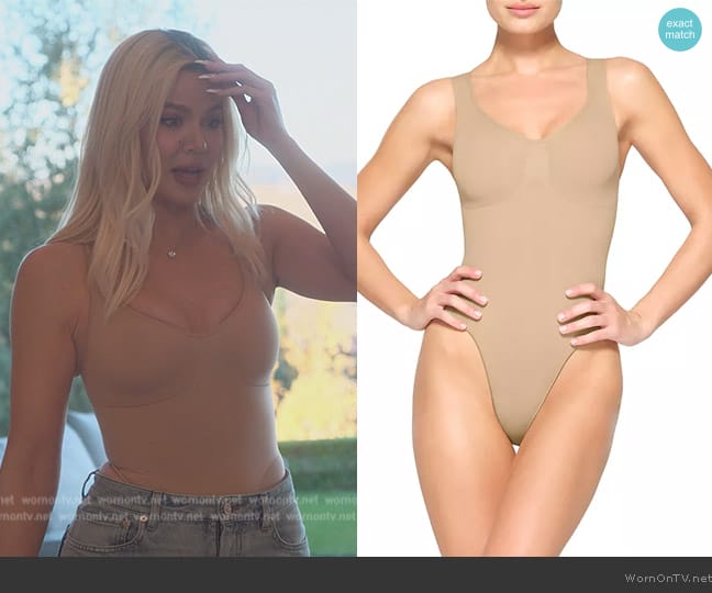 Skims Seamless Sculpt Scoopneck Thong Bodysuit worn by Khloe Kardashian (Khloe Kardashian) on The Kardashians