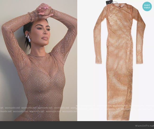 Skims Gold Stretch Net Long Sleeve Dress worn by Kim Kardashian (Kim Kardashian) on The Kardashians