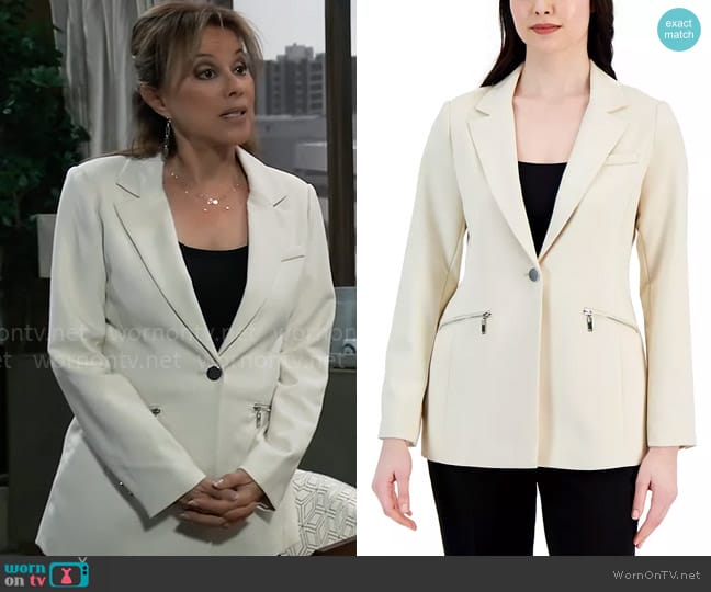 T Tahari Notched-Collar One-Button Zipper-Pocket Blazer worn by Alexis Davis (Nancy Lee Grahn) on General Hospital