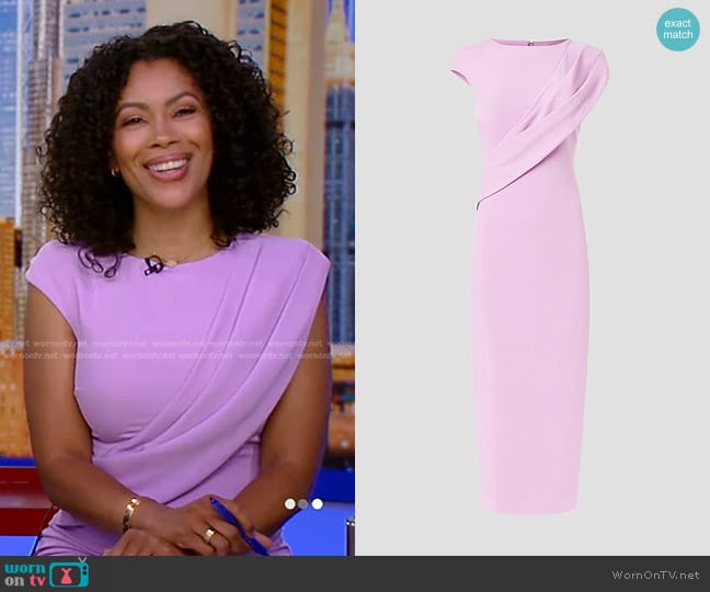 Badgley Mischka Twist Shoulder Drape Midi Dress worn by Shirleen Allicot on Good Morning America