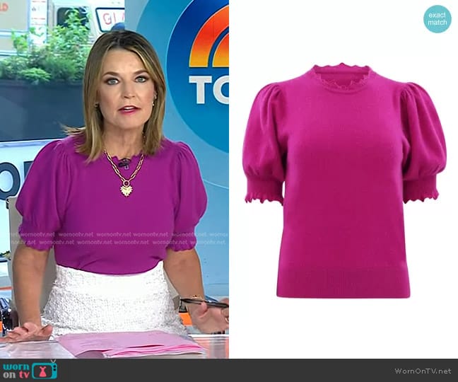 WornOnTV: Savannah’s purple puff sleeve top and white skirt on Today ...