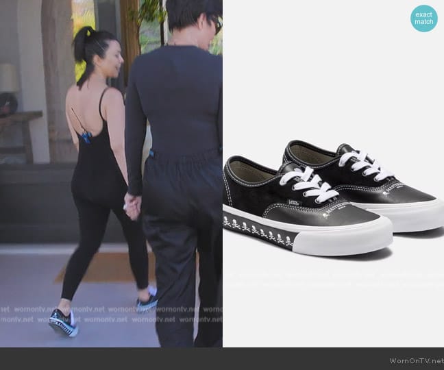 WornOnTV Kourtney s black leather skull print sneakers on The Kardashians Kourtney Kardashian Clothes and Wardrobe from TV