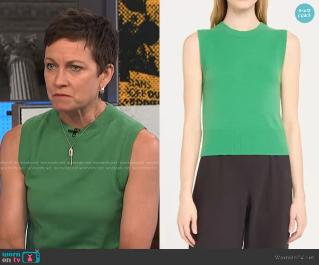 Vince Sleeveless Wool & Cashmere Blend Sweater in Dark Parakeet worn by Stephanie Gosk on NBC News Daily