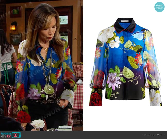 Alice + Olivia Wan Floral-Print Blouse in Lunch Date worn by Kate Roberts (Lauren Koslow) on Days of our Lives