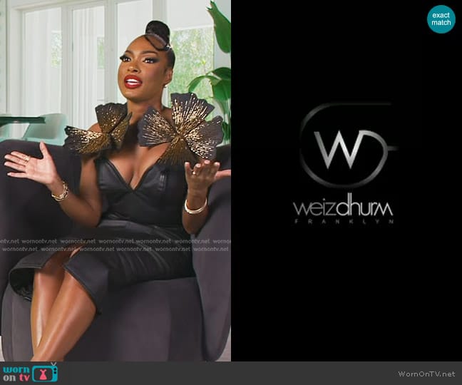 Weiz Dhurm Franklyn custom Leather Dress with Exaggerated Shoulder flowers worn by Lesa Milan (Lesa Milan) on The Real Housewives of Dubai