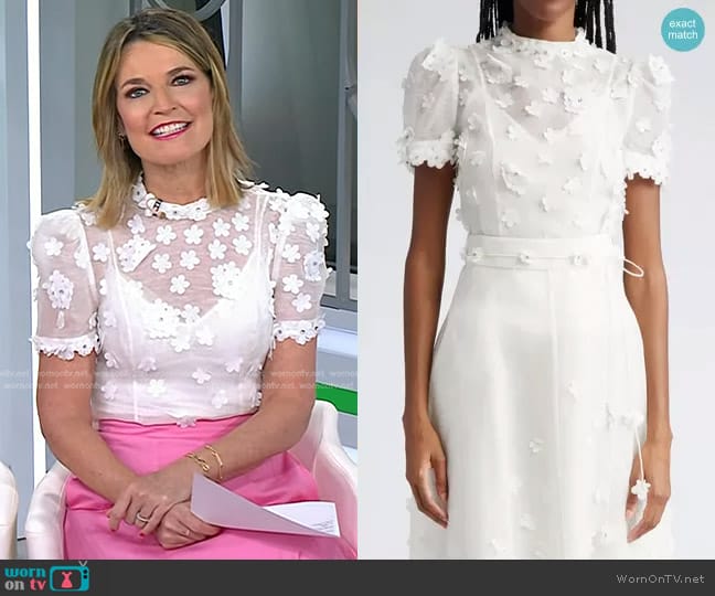 Zimmermann Matchmaker Floral Appliqué Linen & Silk Organza Top worn by Savannah Guthrie on Today