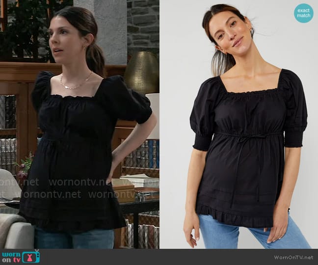 A Pea in the Pod Square Neck Peasant Babydoll Maternity Blouse worn by Kristina Corinthos-Davis (Kate Mansi) on General Hospital