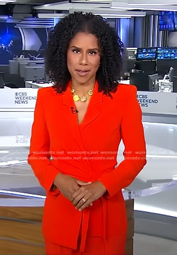 Adriana Diaz’s red wrap blazer and pants on CBS Evening News