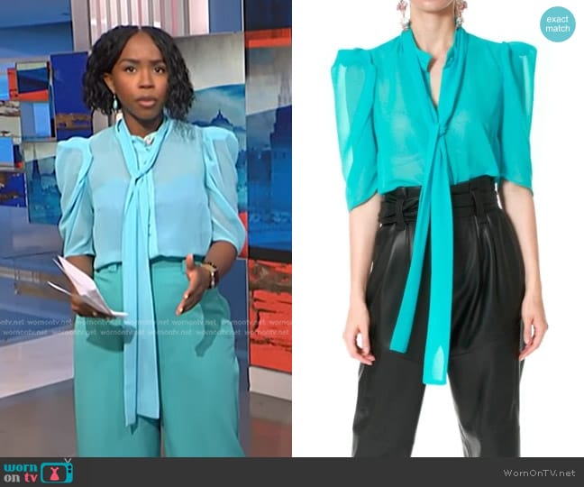 Aggi Angel Turquoise Blouse worn by Zinhle Essamuah on NBC News Daily