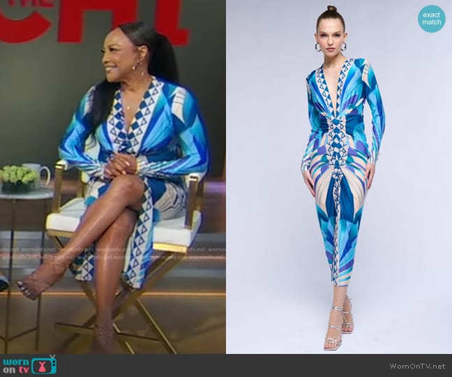 Akira Odette Scarf Print Midi Dress in Teal worn by Lynn Whitfield on Good Morning America