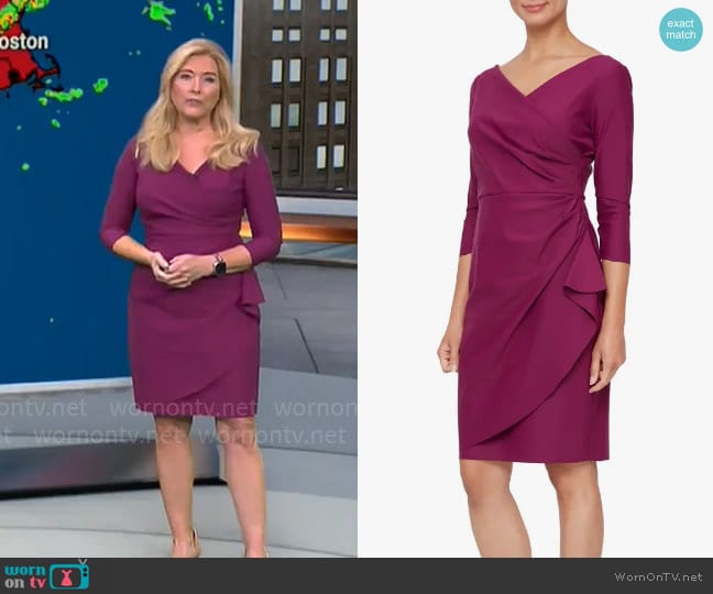 Alex Evenings Surplice Ruffle Sheath Dress in Passion worn by Kelly Cass on CBS Mornings