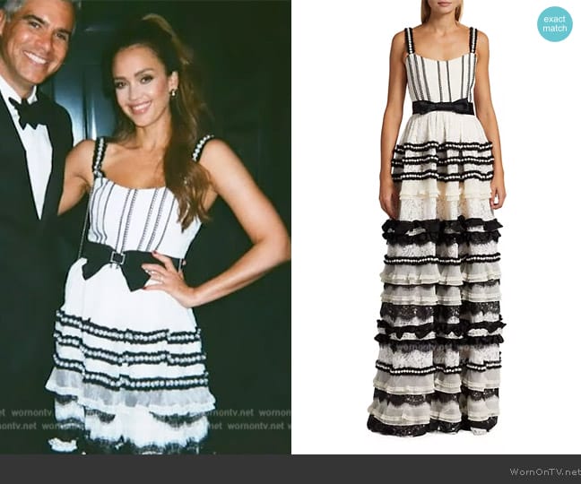 Alice + Olivia Denita Beaded & Tiered Lace Gown worn by Jessica Alba on Live with Kelly and Mark