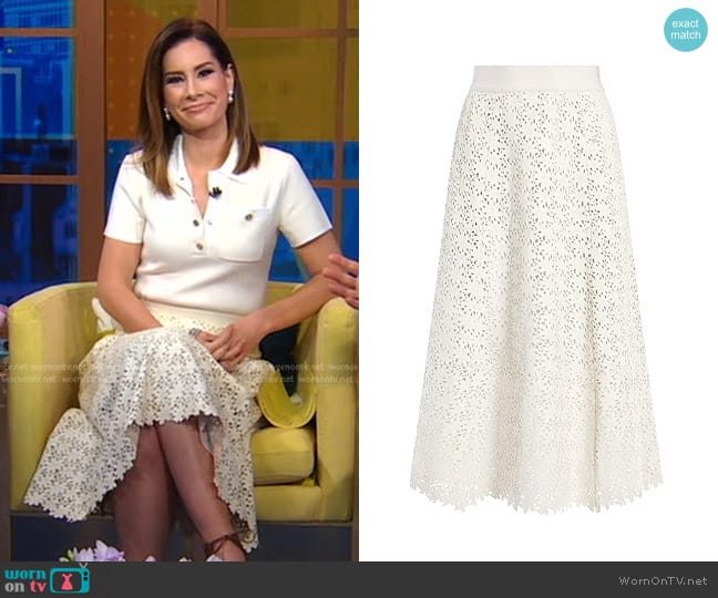 Alice + Olivia Sosie Leather Midi Skirt worn by Rebecca Jarvis on Good Morning America