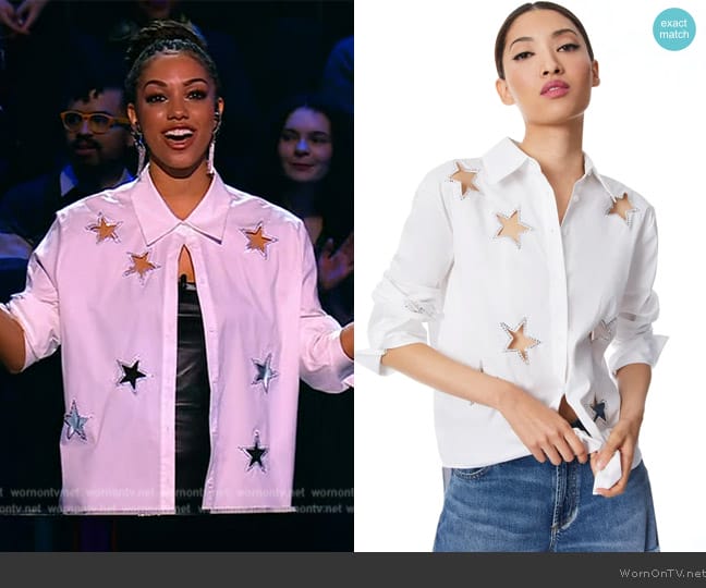 Alice + Olivia Finely Star Embellished Button Down worn by Corinne Foxx on Beat Shazam