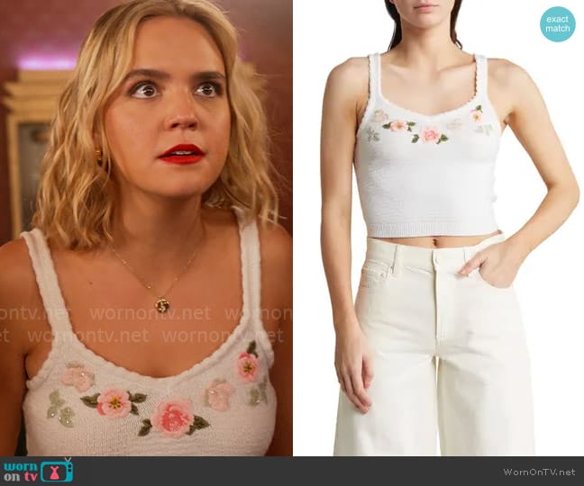 Imogen’s white floral tank top on Pretty Little Liars Original Sin