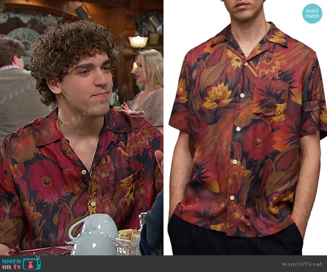 All Saints Gozo Floral Camp Shirt in Soft Brown worn by  Aaron Greene (Louis Tomeo) on Days of our Lives