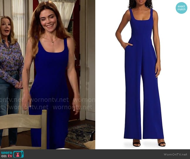 Amanda Uprichard Pittito Corset Jumpsuit worn by Victoria Newman (Amelia Heinle) on The Young and the Restless