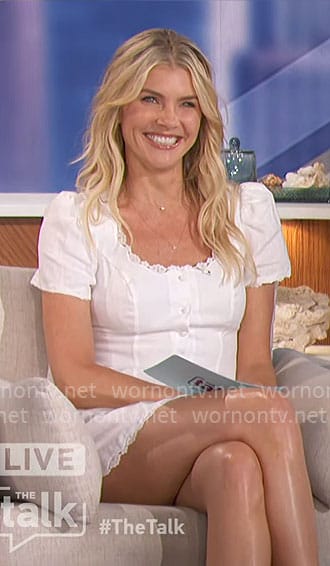 Amanda's white linen dress with lace trim on The Talk