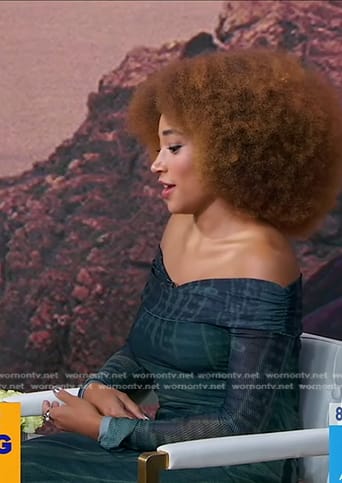 Amandla Stenberg’s green printed off-shoulder dress on Good Morning America