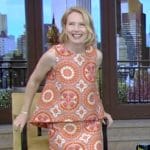 Amy Ryan’s orange motif print top and skirt on Live with Kelly and Mark