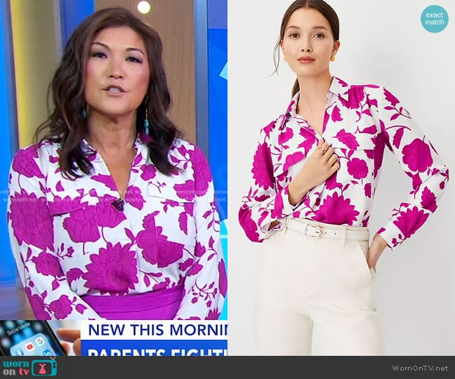 Ann Taylor Floral Camp Shirt in Magenta Shadow worn by Juju Chang on Good Morning America