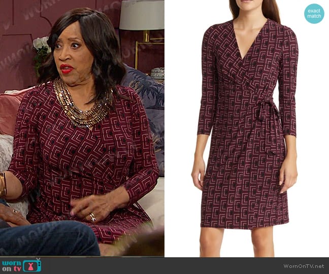 Anne Klein Geo Print Wrap Dress in Black/Cherry Multi worn by Paulina Price (Jackée Harry) on Days of our Lives