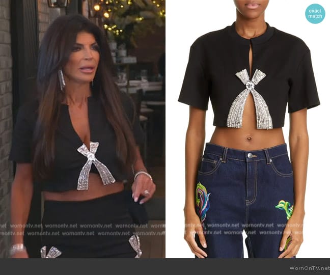 Area Deco Crystal Bow Crop Top worn by Teresa Giudice on The Real Housewives of New Jersey