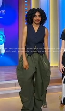 Ayo Edebiri's navy vest and green balloon pants on Good Morning America