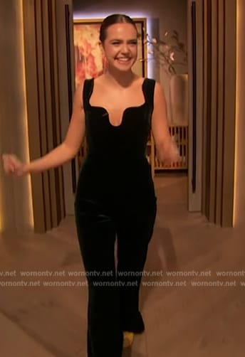 Bailee Madison's velvet sleeveless jumpsuit on The Drew Barrymore Show