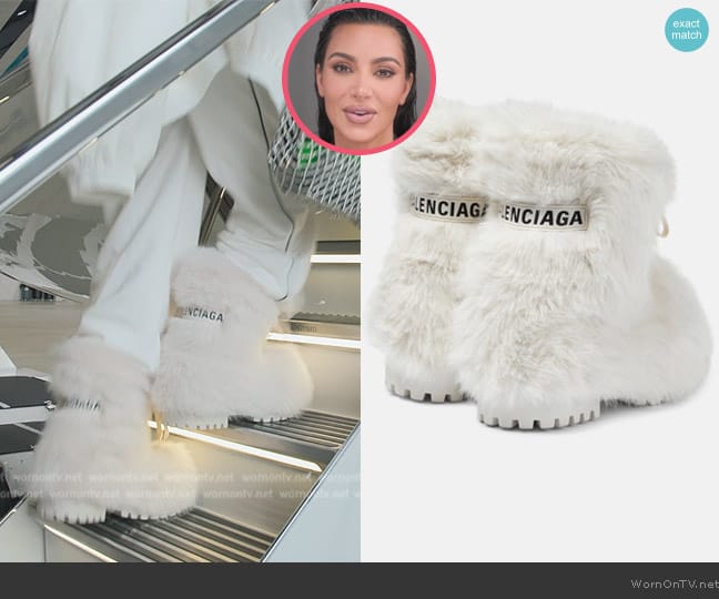 Balenciaga Alaska faux fur snow boots worn by Kim Kardashian (Kim Kardashian) on The Kardashians