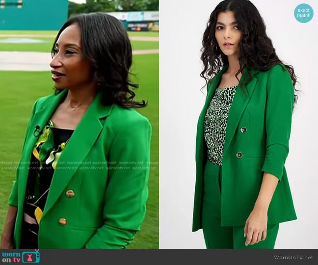 Bar III Faux Double-Breasted Ruched-Sleeve Blazer in Green Chili worn by April Brown on Today